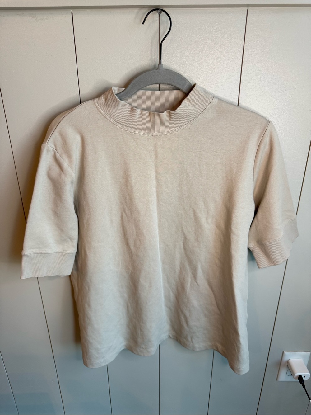Zara Neutral Beige Mock Neck Short Sleeve Top